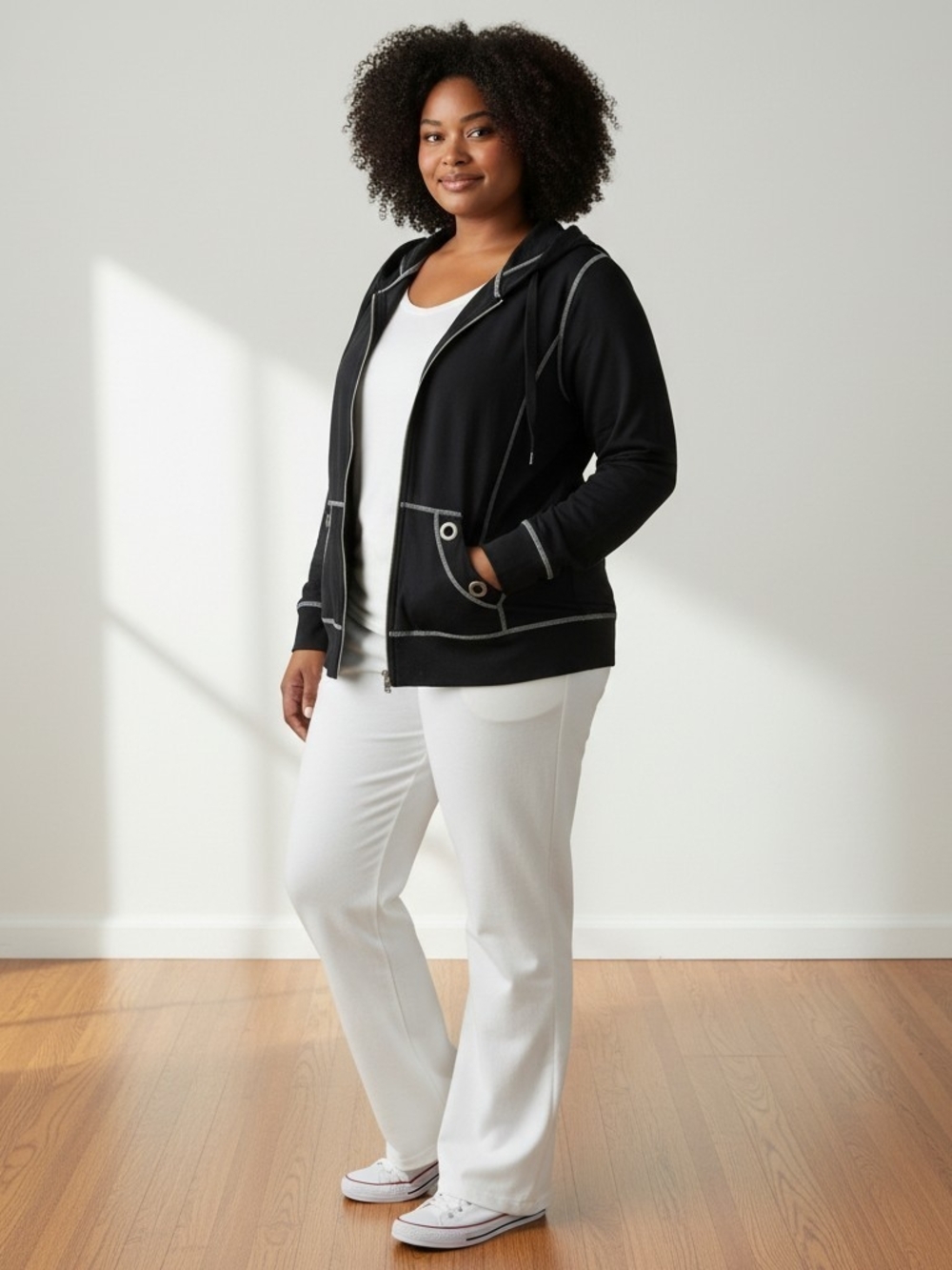 EVC VTG Silverwear Y2K Black Contrast-Stitch Full-Zip Hoodie Jacket Plus Size 1X